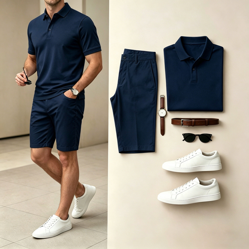 Men's Casual Solid Navy Blue Polo Shirt And Shorts Two-Piece Set (Does Not Include Watch, Belt, Or Accessories)