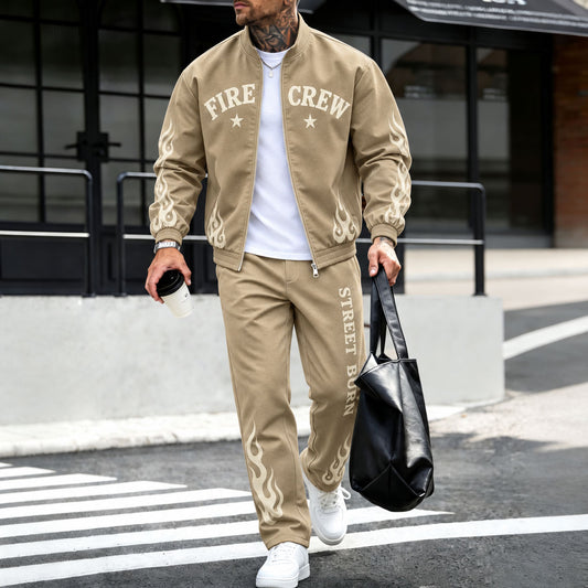 Men's Letter-Printed Fleece-Lined Jacket and Pants Set