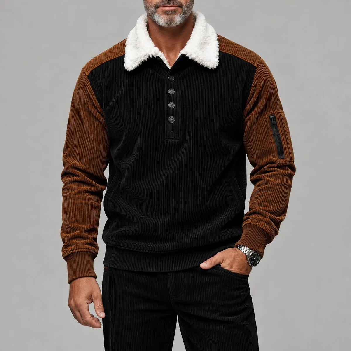 Men's Colorblock Corduroy Fluffy Collar Half Placket Long Sleeve Pullover Polo Shirt