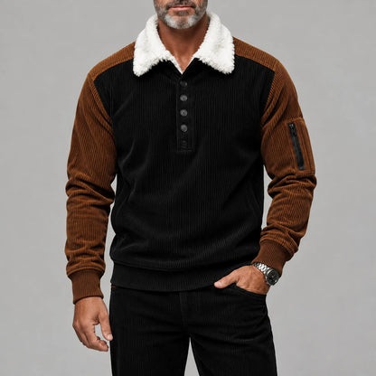 Men's Colorblock Corduroy Fluffy Collar Half Placket Long Sleeve Pullover Polo Shirt