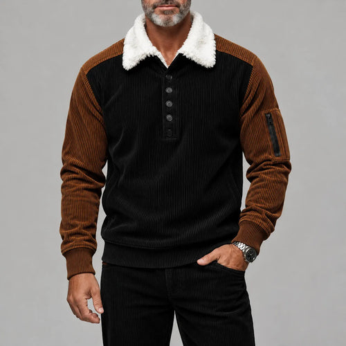 Men's Colorblock Corduroy Fluffy Collar Half Placket Long Sleeve Pullover Polo Shirt