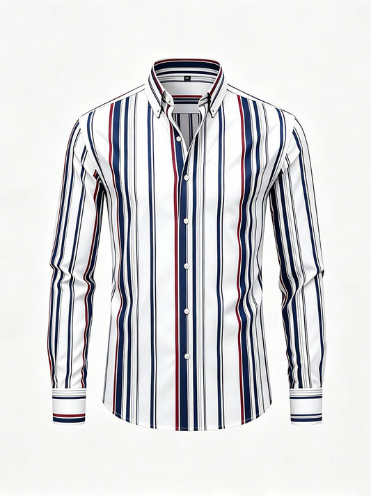Men's Navy Blue & White Color Matching Striped Printed Long Sleeve Shirt