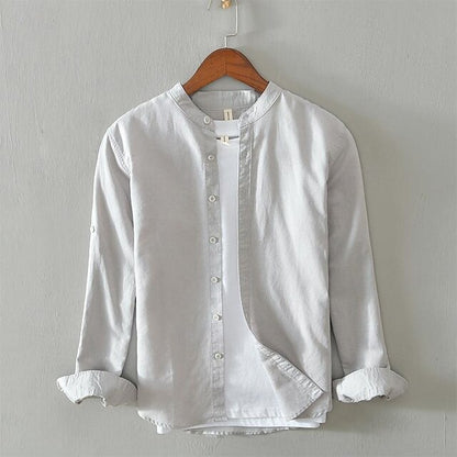 Men's Shirt Linen Shirt Casual Shirt Button Up Shirt Cotton Shirt Plain Vacation Hawaiian White Navy Blue Khaki Gray Long-Sleeve Band Collar Spring Fall Clothing Apparel Button-Down