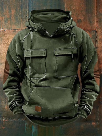 Men's Retro Western Multi-Pocket Drawstring Sweatshirt