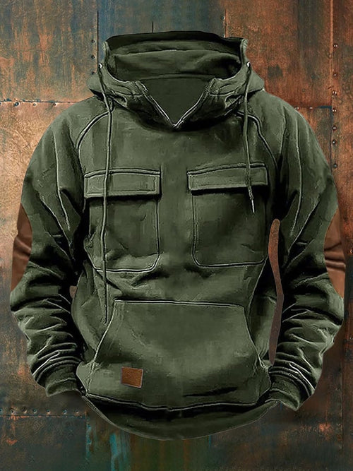 Men's Retro Western Multi-Pocket Drawstring Sweatshirt