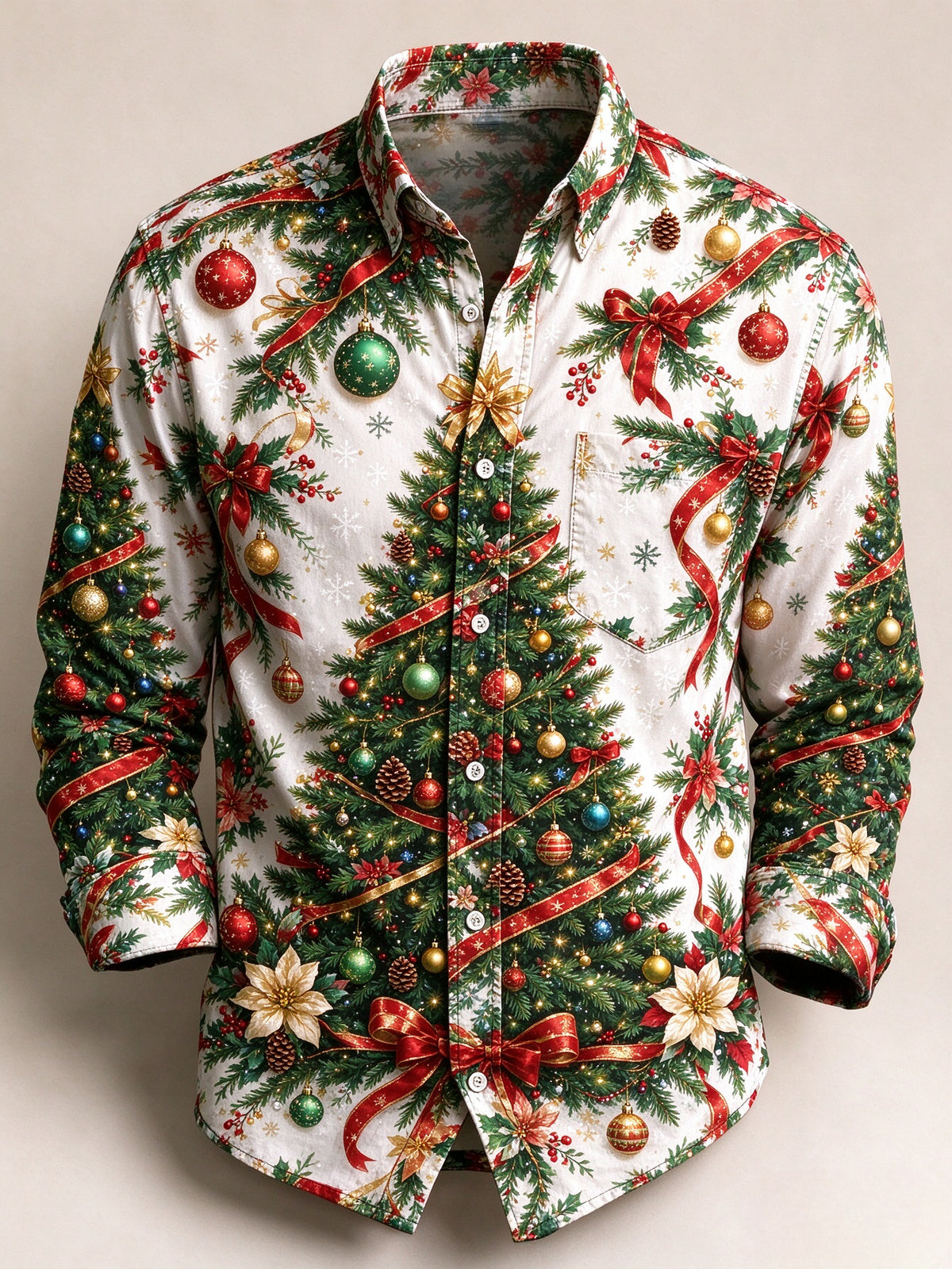 Men's Festive Christmas Tree Long Sleeve Button Down Holiday Shirt