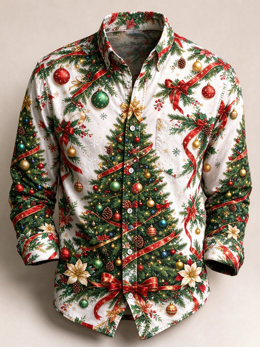 Men's Festive Christmas Tree Long Sleeve Button Down Holiday Shirt