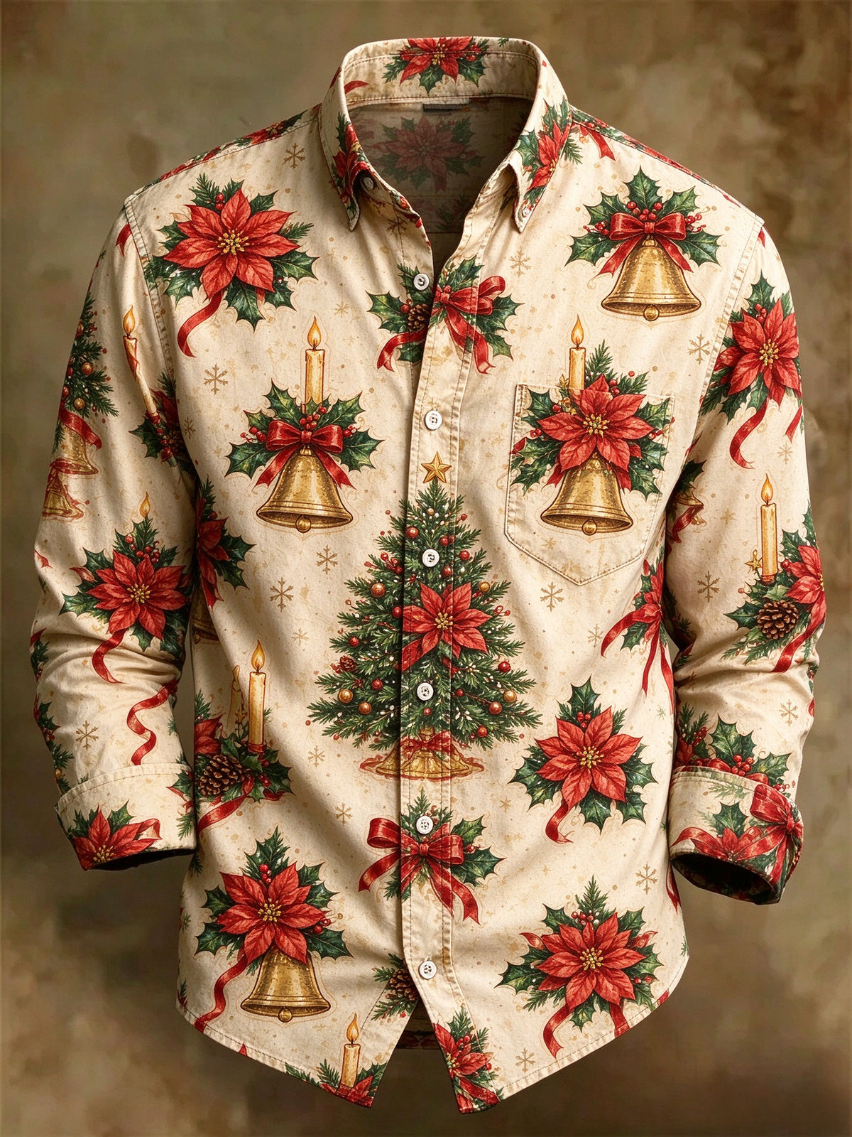 Men's Vintage Christmas Bell & Poinsettia Long Sleeve Button Up Holiday Shirt