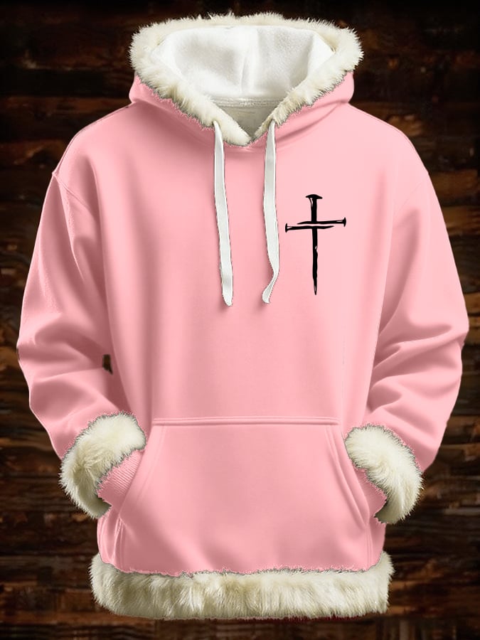 Men's Retro Faith Cross Print Patchwork Fur Collar Hooded Sweatshirt
