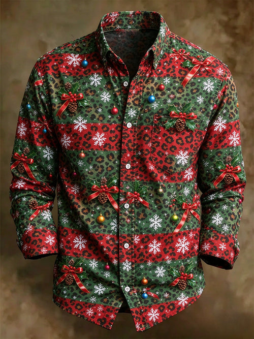 Men's Christmas Leopard Holly Snowflake Long Sleeve Button Up Holiday Shirt