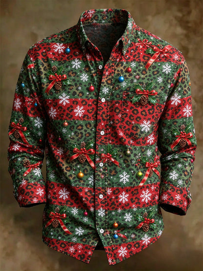 Men's Christmas Leopard Holly Snowflake Long Sleeve Button Up Holiday Shirt