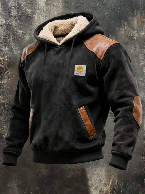Men's Vintage Suede and Leather Paneled Hooded Sweatshirt