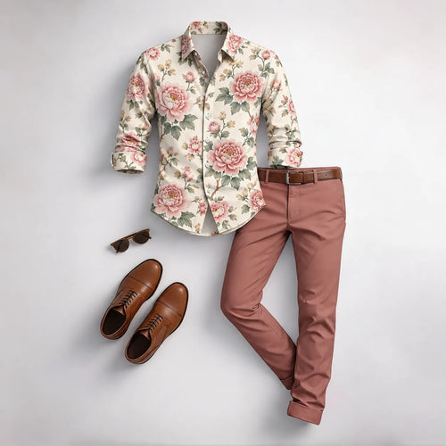 Men's Vintage Floral Print Long-Sleeve Shirt and Pants Set