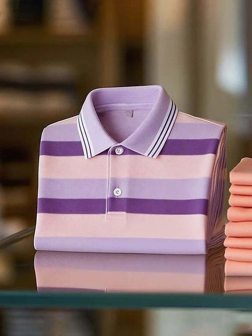 Men's Classic Business Stripe Logo Button Short Sleeve Polo Shirt