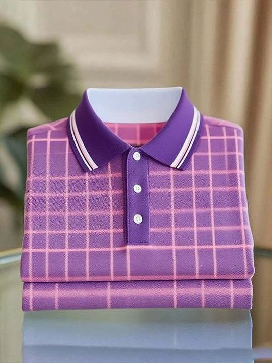 Men's Classic Business Stripe Logo Button Short Sleeve Polo Shirt