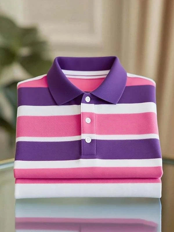 Men's Classic Business Stripe Logo Button Short Sleeve Polo Shirt