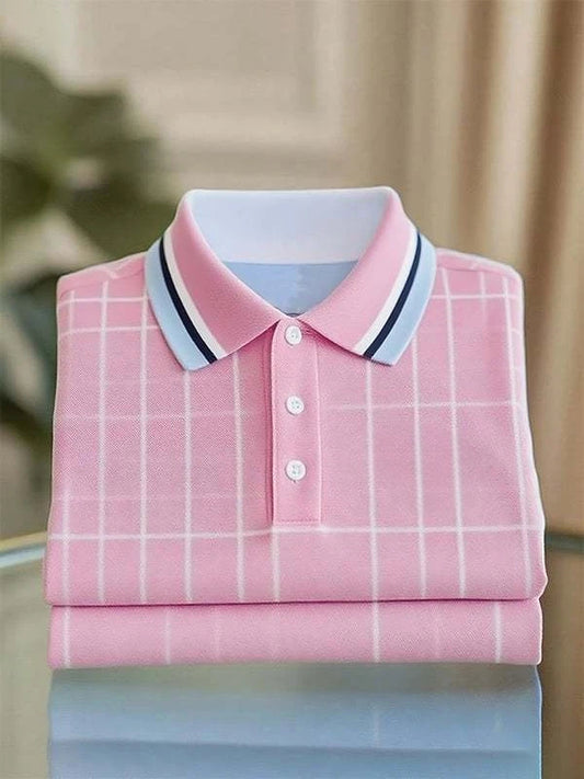 Men's Classic Business Stripe Logo Button Short Sleeve Polo Shirt