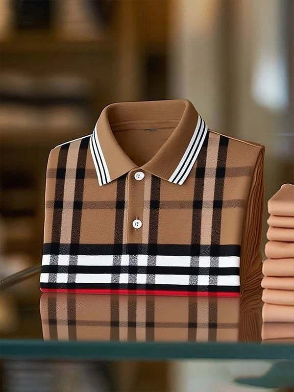 Men's Classic Business Stripe Logo Button Short Sleeve Polo Shirt