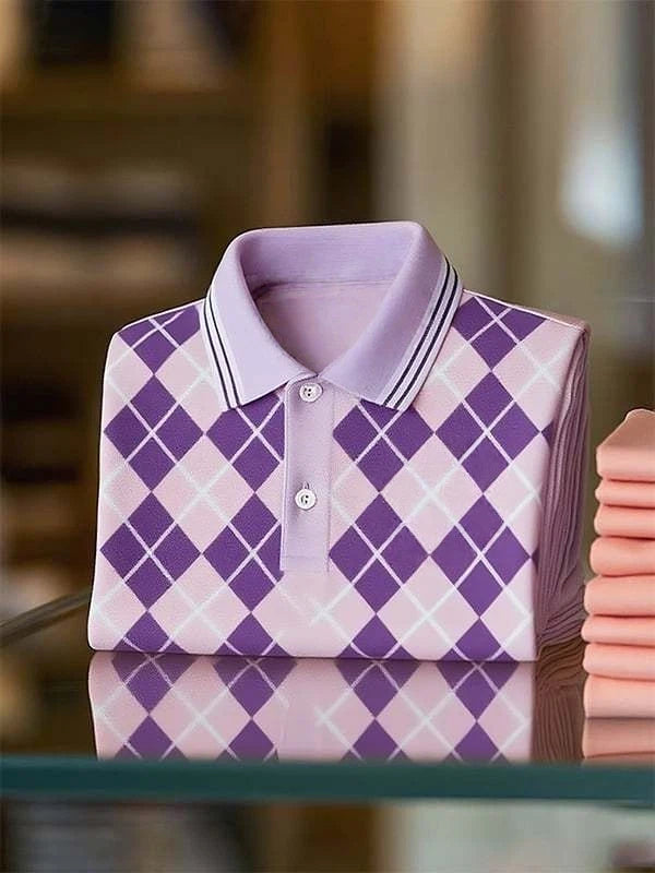 Men's Classic Business Stripe Logo Button Short Sleeve Polo Shirt