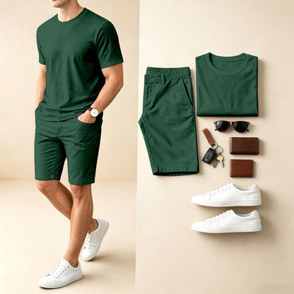 Men's Casual Checkered Print Round-Neck Short-Sleeve T-Shirt And Shorts Two-Piece Set