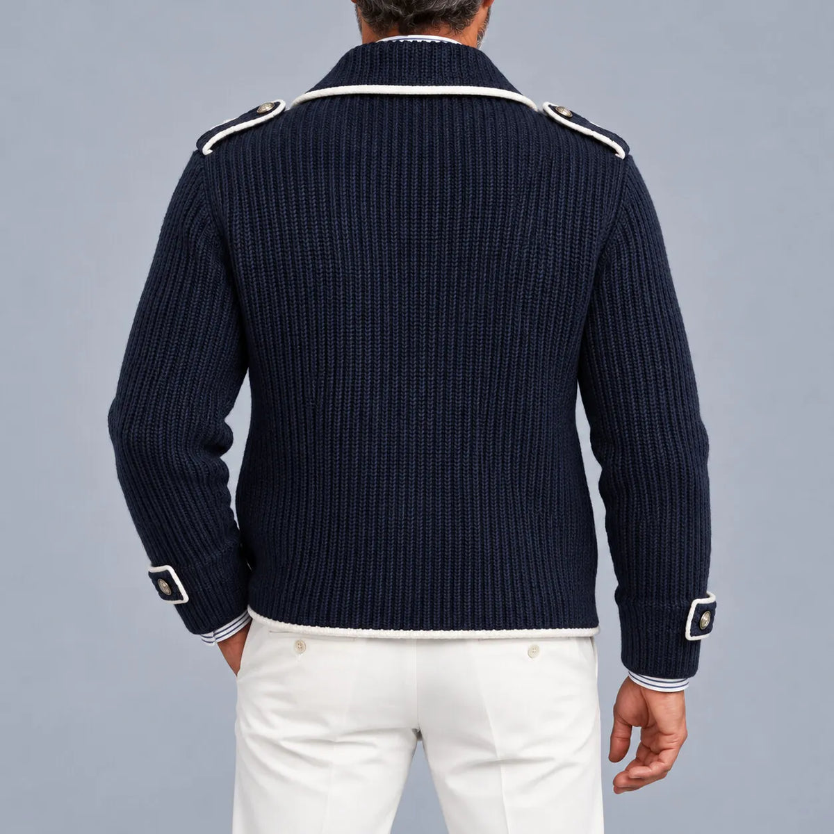 Men's Business Casual Navy Blue Contrast Piping Notch Lapel Double-Breasted Ribbed Knit Jacket