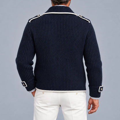 Men's Business Casual Navy Blue Contrast Piping Notch Lapel Double-Breasted Ribbed Knit Jacket