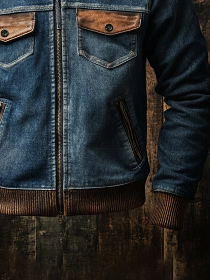 Men's Retro Stitching Contrast Color Zipper Fur Collar Jacket