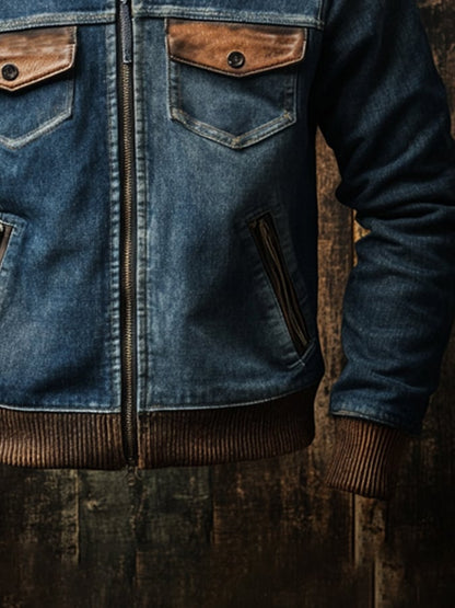 Men's Retro Stitching Contrast Color Zipper Fur Collar Jacket