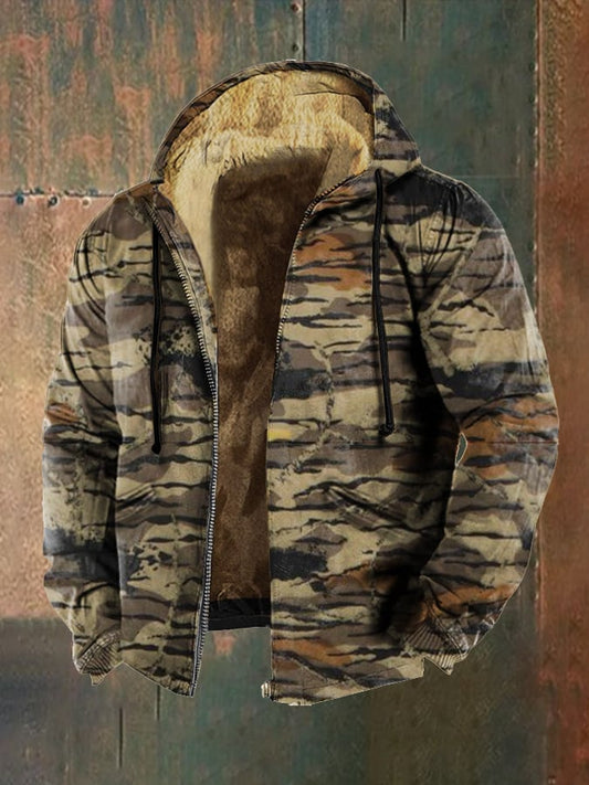 Men's Retro Camouflage Print Hooded Zipper Sweatshirt Jacket