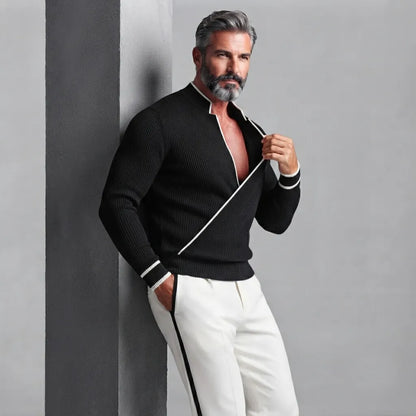 Men's Black Ribbed Knit Stand Collar Contrast Piping Slim Fit Wrapped Sweater