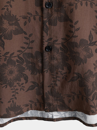 Men's Retro Brown Floral Holiday Wear Short Sleeve Shirt