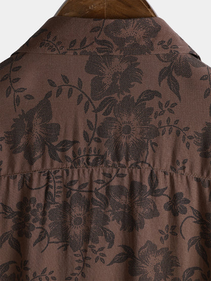 Men's Retro Brown Floral Holiday Wear Short Sleeve Shirt