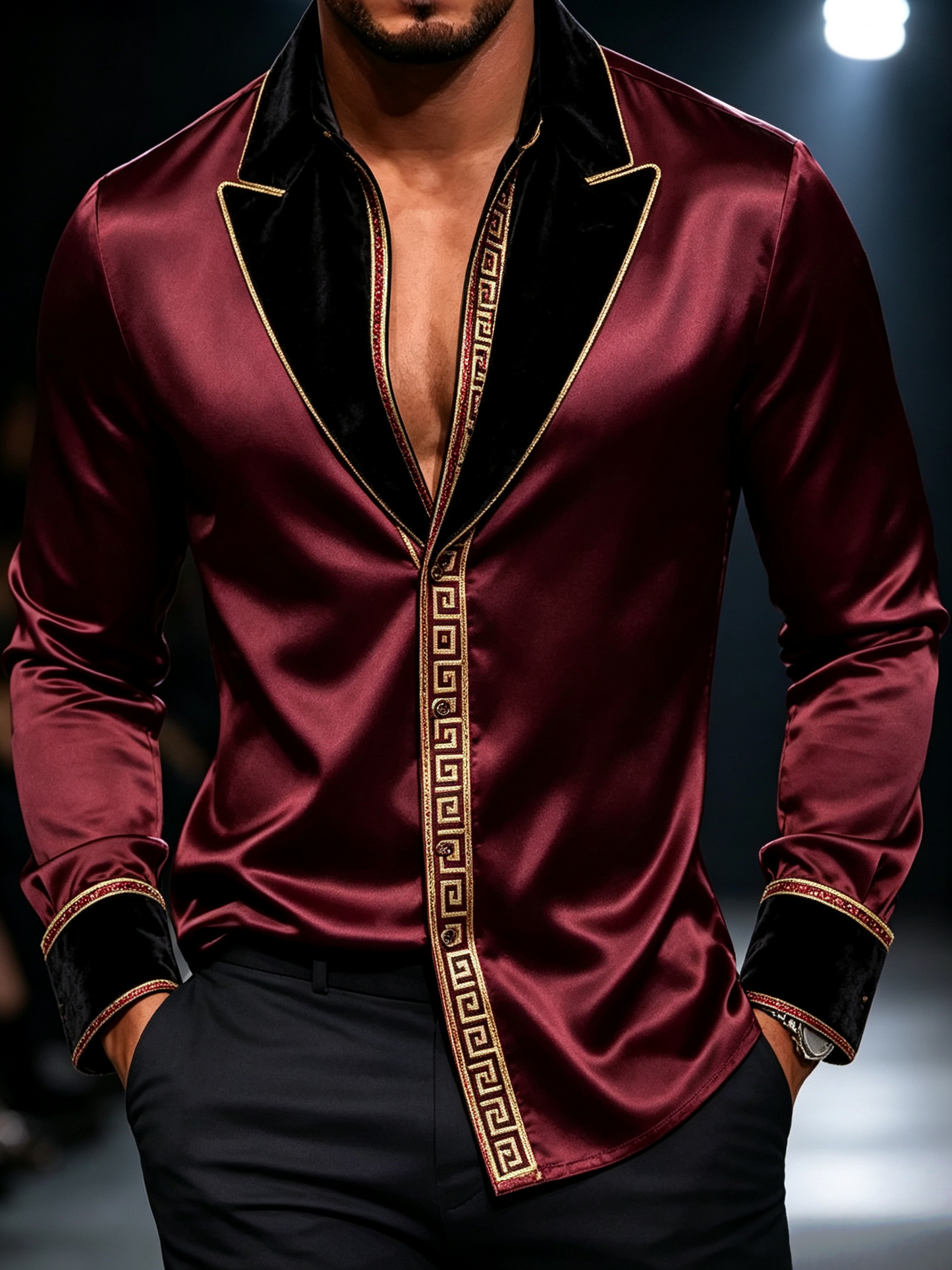 Men's Burgundy Satin Long-Sleeve Shirt Velvet Gold Trim