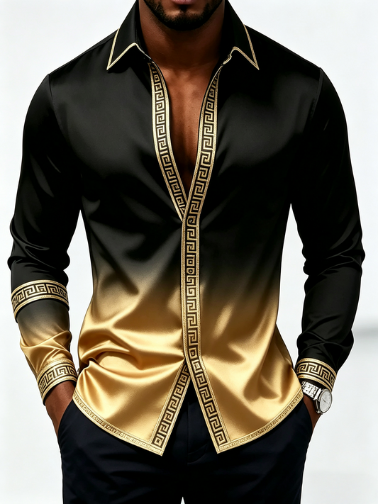 Men's Black Gold Gloss Long-Sleeve Shirt Geometric Border