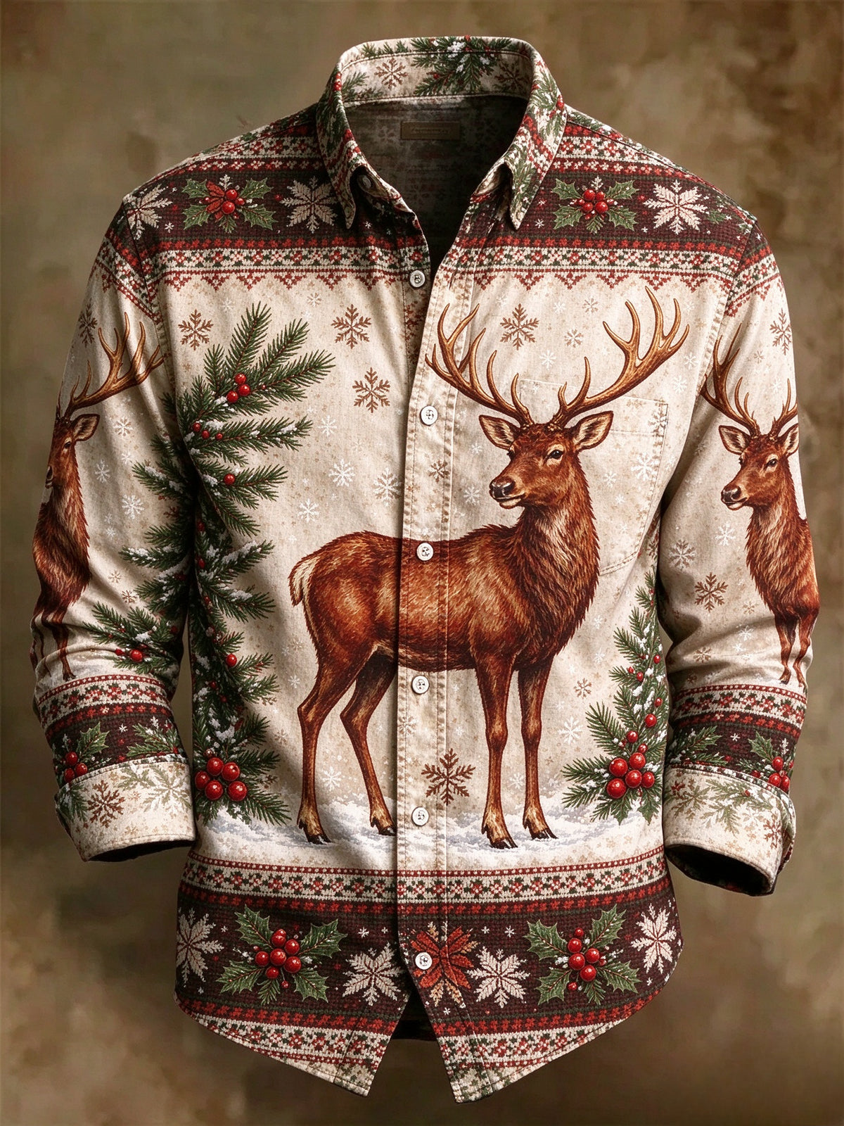 Men's Rustic Christmas Reindeer Long Sleeve Button Up Holiday Shirt
