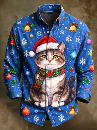 Men's Christmas Cat Santa Hat Long Sleeve Button Up Holiday Shirt