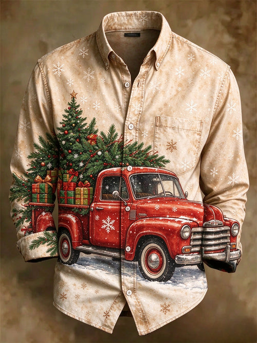 Men's Vintage Red Christmas Truck & Tree Long Sleeve Button Up Holiday Shirt