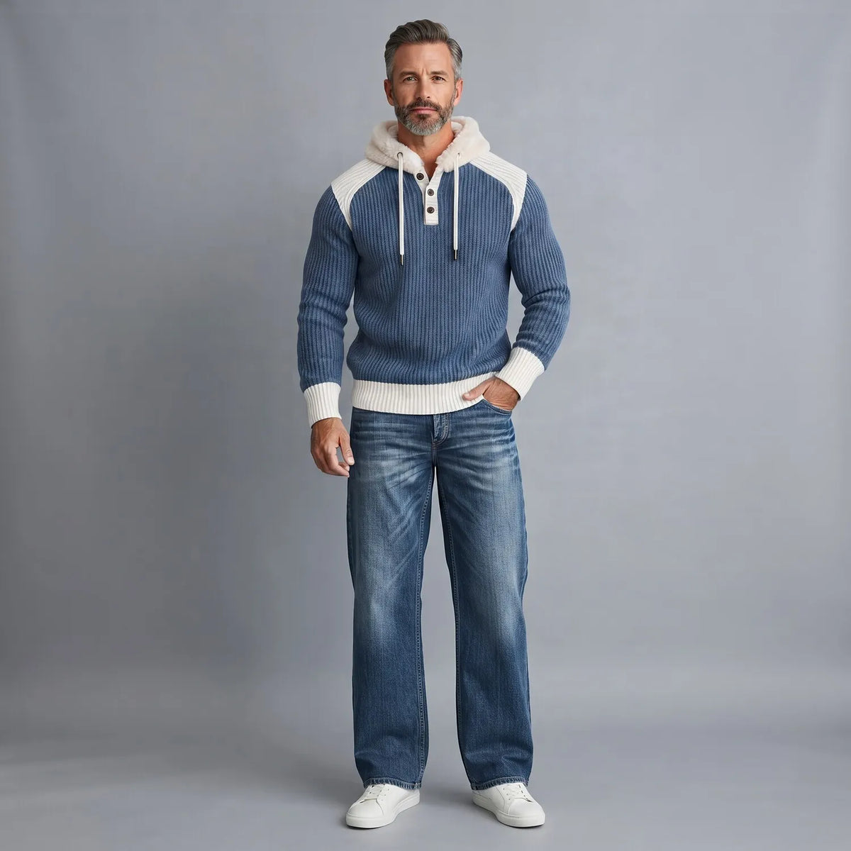Men's Stylish Color Block Fluffy Hooded Ribbed Knit Pullover Sweater