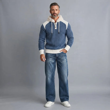 Men's Stylish Color Block Fluffy Hooded Ribbed Knit Pullover Sweater