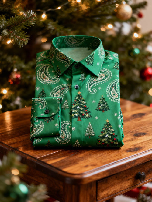 Men's Business Paisley Christmas Evergreen Print Long-Sleeve Shirt