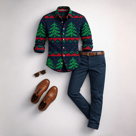 Men's Christmas Tree Print Long-Sleeve Shirt and Pants Set