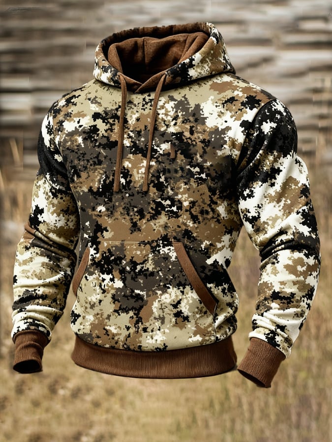 Men's Retro Distressed Color Block Camouflage Print Casual Long Sleeve Sweatshirt