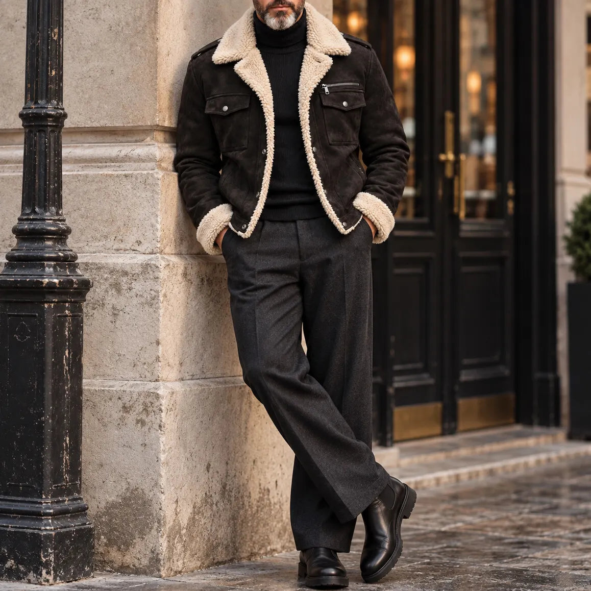 Men's Solid Color Suede Multi-Pocket Single Breasted Sherpa Lining Jacket