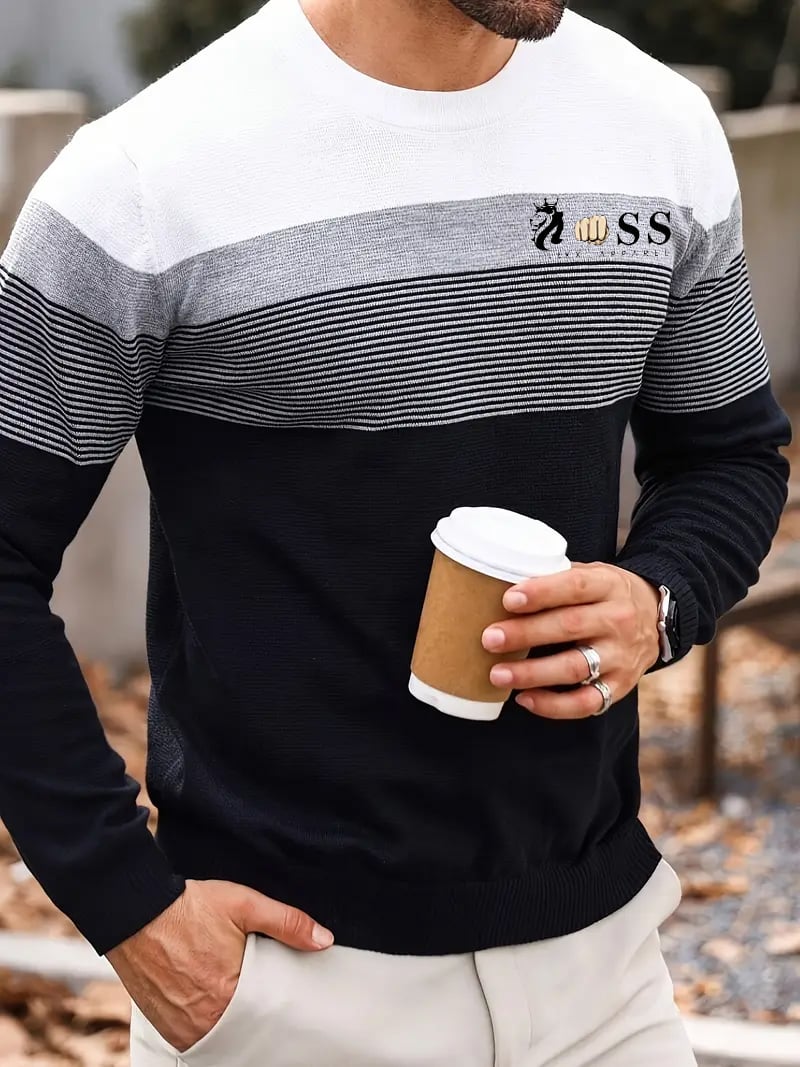 Men's Casual Stripe Round Neck Knit Sweater
