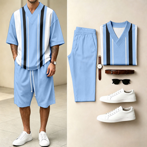Men's Casual Vertical-Striped Print V-Neck Short-Sleeve T-Shirt And Shorts Two-Piece Set