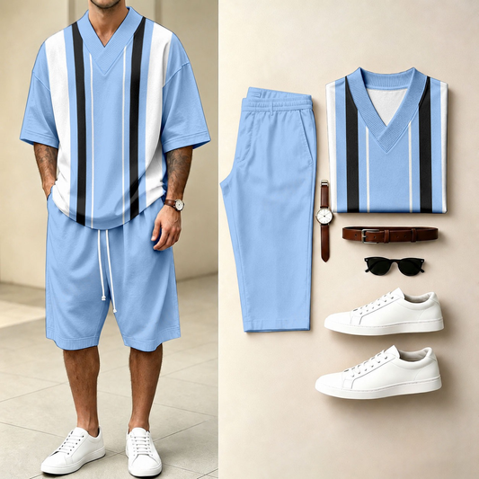 Men's Casual Vertical-Striped Print V-Neck Short-Sleeve T-Shirt And Shorts Two-Piece Set
