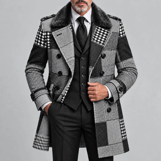 Men's Gray Colorblock Houndstooth Contrast Fluffy Collar Double-Breasted Business Casual Trench Coat