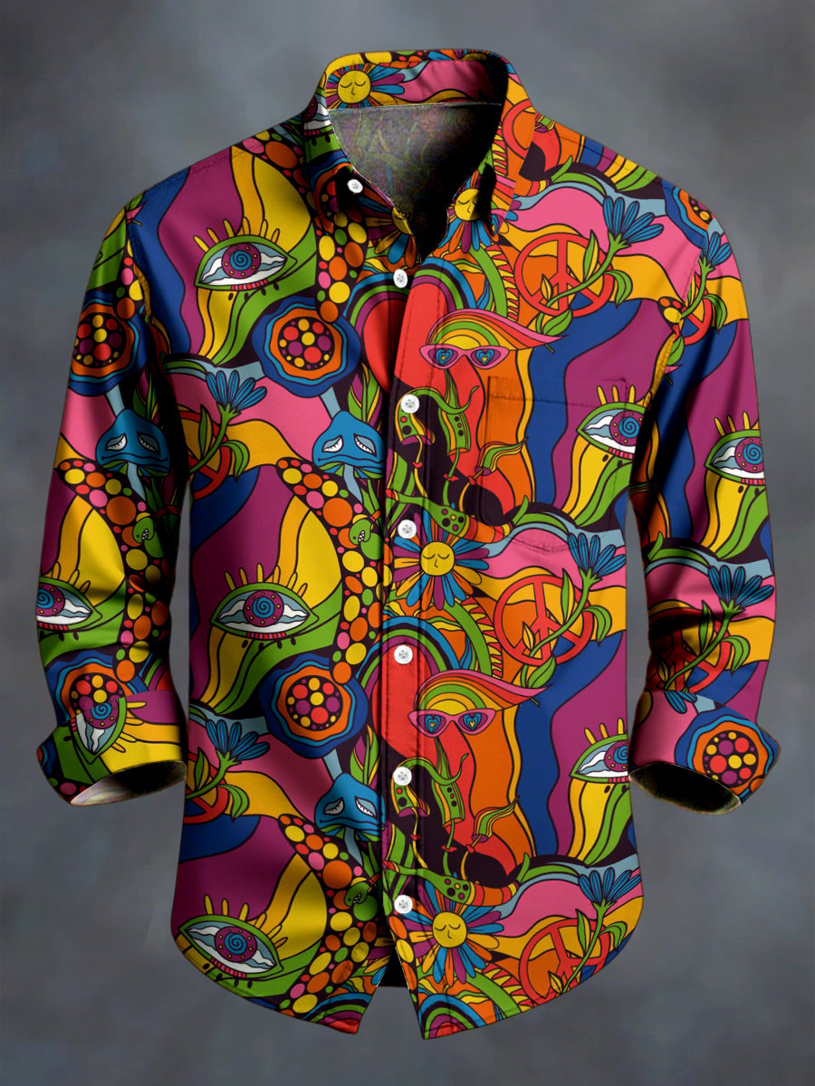 Men's Vintage Hippie Mushroom Art Long-Sleeved Shirt