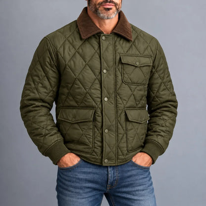 Men's Casual Solid Color Contrast Turndown Collar Utility Pockets Snap Buttons Quilted Jacket