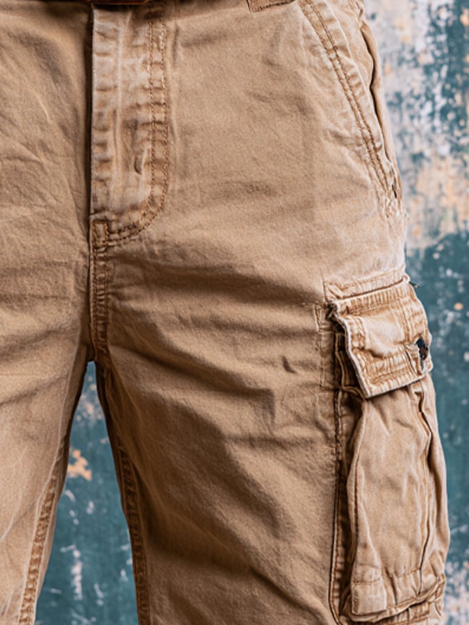 Men's Retro Outdoor Multi-Pocket 100% Cotton Washed Cargo Shorts